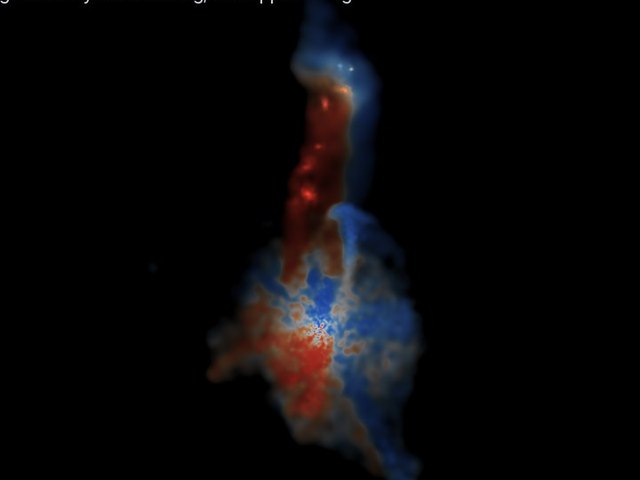 Simulated cold-gas tidal tails coloured by line-of-sight velocity