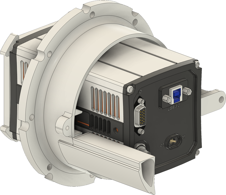 CAD render of the Andor Zyla 5.5 sCMOS camera on its custom 3D-printed mounting interface