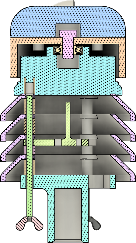 Colour-coded cutaway of the station showing the rotor on a ball bearing in the roof, the sensor holder inside the radiation screens, and the steel rods and wing nuts holding the stack together