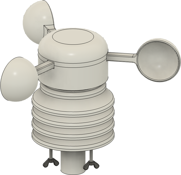 3D render of the assembled weather station: a three-cup anemometer on top of a stack of ribbed radiation screens, on a mounting post